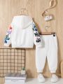 SHEIN Infant Boys' Street Style Cartoon Dinosaur & Car Pattern Hooded Sweatshirt And Long Pants Set