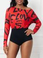 SHEIN Lady Women's Irregular Collar Long Sleeve Bodysuit With Letter Print