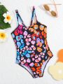 Young Girl's One Piece Swimsuit, Colorful Leopard Print