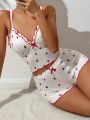 Women's Strawberry Print V-neck Cami Top And Shorts Pajama Set