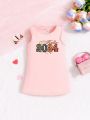 SHEIN Baby Girls' Casual Everyday Dress With Fun Numbers And New Year Pattern