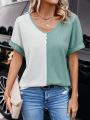 SHEIN LUNE Button Decorated Batwing Sleeve Two Toned T-shirt