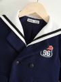 SHEIN Young Boy 1pc Letter Patched Detail Double Breasted Sailor Collar Overcoat