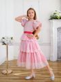 SHEIN Kids CHARMNG Tween Girls' Mesh Edging Round Neck Puff Sleeve Jacquard Blouse Matched With Mesh Tiered Hem Skirt Two Pieces Set