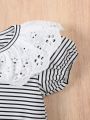 SHEIN 2pcs Baby Girls' Casual Wear Striped Top With Doll Collar & Basic Flared Trousers Spring/Summer Outfits