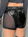 SHEIN ICON Mesh Insert Zipper Pu Leather Shorts