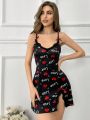 Heart And Letter Print Lace Trimmed Cami Dress For Valentine's Day