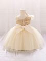 Infant Girls' Asymmetrical Neckline Dress Adorned With Large Bow And Netting