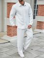 Plus Size Men'S White Textured Long-Sleeve Shirt And Pants Set