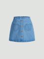 SHEIN Tween Girl's Solid Color Denim Skirt With Button Front