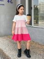 SHEIN Kids HYPEME Young Girls' Color Block & Ruffle Sleeve Splicing Dress, Perfect For Spring And Summer Street Style