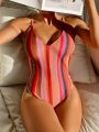 SHEIN Swim Basics Women's Striped Pattern Knotted Backless One Piece Swimsuit