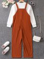 SHEIN Kids EVRYDAY Tween Girl Solid Pullover & Bear Doll Detail Overall Jumpsuit