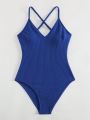 SHEIN Swim Basics Sexy Ladies Solid Color Pit V-Neck Cross Strap One Piece