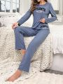 Women's Blue Striped Alphabet Print Homewear