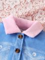 Baby Girl'S Fashionable Patchwork Faux Denim Cartoon Butterfly & Letter Print Fleece Set