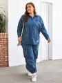 SHEIN Mulvari Plus Size Women'S Letter Print Long Sleeve Shirt And Cargo Pocketed Pants 2pcs/Set