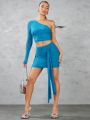 SHEIN BAE Women'S Solid Color One Shoulder Mesh Pleated Top And Mesh Pleated Irregular Hem Bodycon Skirt With Draping