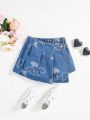 SHEIN Little Girls' Butterfly Pattern Pleated Asymmetrical Denim Mini Skirt