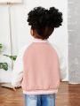 SHEIN Baby Girl Letter Flocking Striped Trim Varsity Jacket