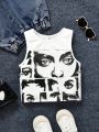 SHEIN Kids HYPEME Girls' Knit Portrait Print Round Neck Sleeveless Sweater Vest Top For Sports And Street Style