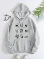 Skull Print Kangaroo Pocket Drawstring Thermal Lined Hoodie