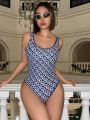 SHEIN Swim Classy Women'S One Piece Chain Printed Vest Style Swimsuit