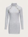 Turtleneck Button Detail Raglan Sleeve Bodycon Dress