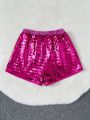 SHEIN Kids CHARMNG Tween Girls' Sequin Elastic Waist Wide Leg Shorts With Silver Thread