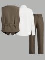 SHEIN Teenage Boys' Casual Comfortable Suit With Long Sleeve Shirt, Slim Vest And Straight Pants