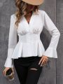 Flare Sleeve Fold Pleated Detail Peplum Blouse