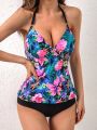 SHEIN DD+ Tropical Print Push Up Cami Vest And Triangle Briefs Bikini Set