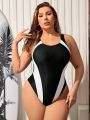 SHEIN Swim SPRTY Plus Size Women's Colorblock Hollow Back One-Piece Swimsuit