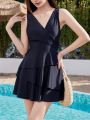 Ladies' Solid Color Ruffle Hem One-Piece Swimsuit