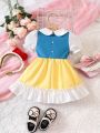 Baby Colorblock Peter Pan Collar Puff Sleeve Ruffle Hem Dress