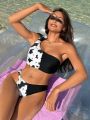 SHEIN Swim Vcay Ladies' One Shoulder Swimsuit With Cow Print, Swimming Suit Set