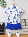 SHEIN Kids SUNSHNE Toddler Boys' Coconut Tree Print Short Sleeve Shirt And Shorts Set