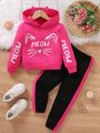 SHEIN Kids QTFun Little Girls' Cat And Letter Printed Hooded Sweatshirt With Color Block Pants Set