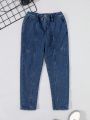 SHEIN Boys' Casual Water-washed Blue Denim Pants For Youth