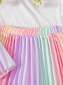 SHEIN Kids CHARMNG Girls' Rainbow Ombre Pleated Spaghetti Strap Crop Top With Wide Leg Pants Summer Outfits