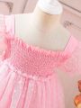 Baby Heart Mesh Overlay Puff Sleeve Frill Trim Dress