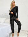 Women's Plaid Print Long Sleeve Homewear Set With Pockets