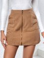 Corduroy Skirt With Slant Pockets And Zipper Front