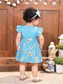 SHEIN Baby Girl Summer Holiday Flower Pattern Flutter Sleeve Dress With Headband Set