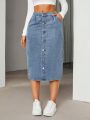 Women'S Solid Color Denim Skirt With Diagonal Pockets