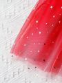 SHEIN Kids FANZEY Little Girls' Patchwork Glitter Mesh Flutter Sleeve Dress