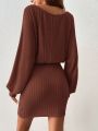 SHEIN Frenchy Solid Color Round Neck Batwing Sleeve Belted Long Sleeve Dress