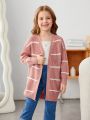 SHEIN Kids EVRYDAY Girls' Casual Loose Fit Long Sleeve Striped Cardigan