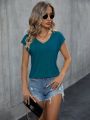 SHEIN LUNE Solid Batwing Sleeve V Neck Tee