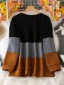 SHEIN LUNE Plus Color Block Button Detail Sweatshirt